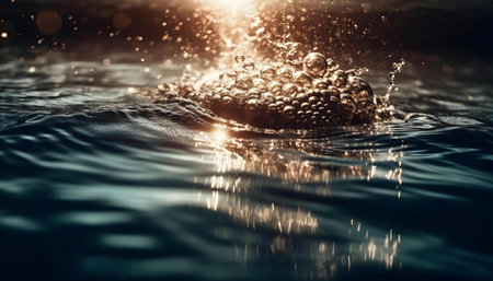 Close-up of water bubbles at sunset. Golden light reflecting on the water's surface.の写真素材