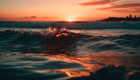 Stunning sunset over the ocean with waves crashing on the shore. A beautiful coastal landscape