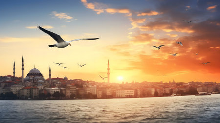Breathtaking sunset view of Istanbul's skyline with flying seagulls.の写真素材