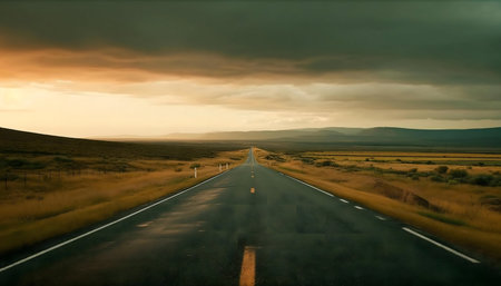 A long road stretches towards a dramatic sunset. Vast open fields and a cloudy sky create a peaceful atmosphere.の写真素材