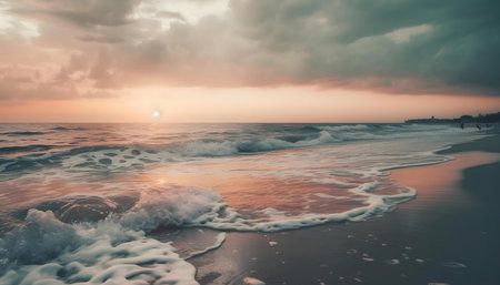 Stunning sunset over a tranquil ocean beach. Gentle waves caress the shore creating a peaceful atmosphere.の写真素材