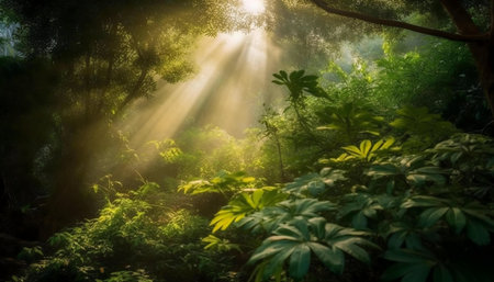 Sunbeams pierce through the dense rainforest canopy, illuminating a vibrant jungle scene.の写真素材