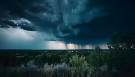 A breathtaking view of a powerful storm unleashing rain over a tranquil landscape.