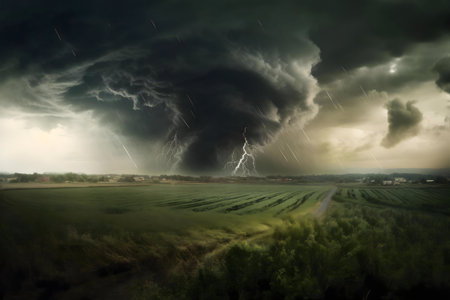 A dramatic landscape photograph showing a powerful thunderstorm with lightning.
