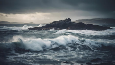 Powerful waves crash against a rugged island on a dramatic, stormy coast. Dark clouds fill the sky.の写真素材
