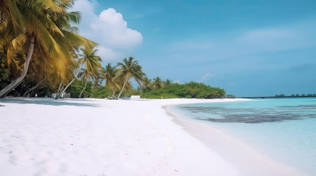 Stunning white sand beach with swaying palm trees and crystal clear turquoise water.の写真素材