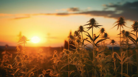 Sunset illuminating a field of plants.の写真素材