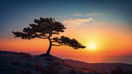 Solitary tree at sunset, overlooking vast ocean. Serene mountain landscape.の写真素材