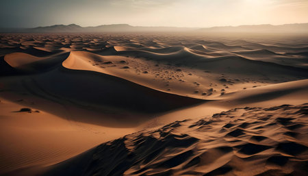Golden hour light bathes the vast Sahara desert, creating a breathtaking panorama of sand dunes.の写真素材