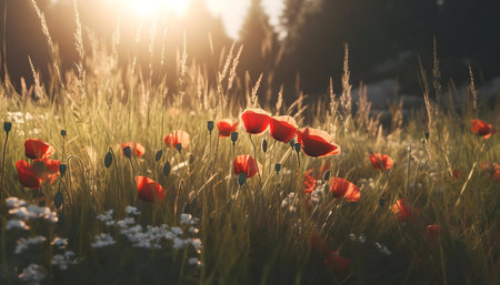 Stunning sunset illuminating a poppy field. Serene nature scene.の写真素材