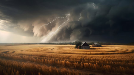 A breathtaking shot of a dramatic thunderstorm over a golden wheat field. Two barns sit peacefully...