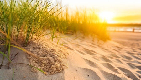 Sandy beach dune at sunset. Golden hour light.の写真素材
