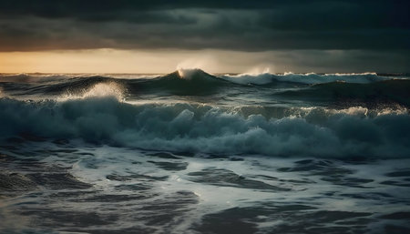 A breathtaking image of powerful ocean waves during a dramatic sunset.