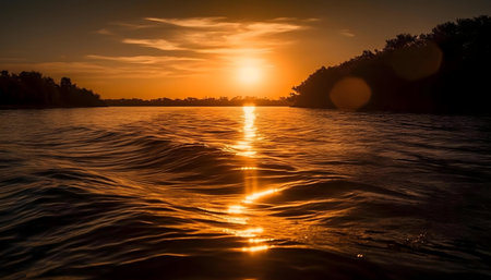 Stunning sunset over a calm river. Golden hues reflect on the water's surface. Peaceful and serene.の写真素材