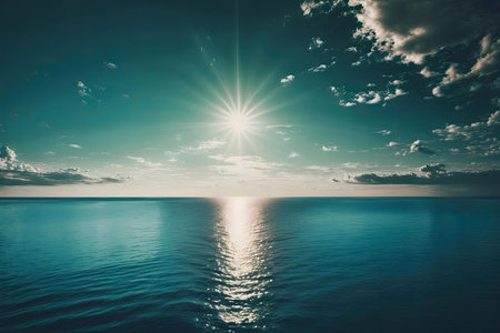 Peaceful ocean sunset, serene sky and calm waters.の写真素材