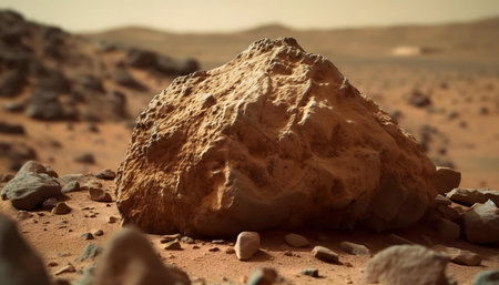 Close-up view of a large rock on Mars. Reddish, rugged surface.