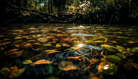 Autumn leaves drift in a crystal-clear forest stream.