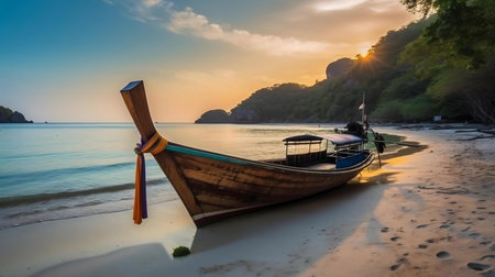 A wooden longtail boat rests on a tranquil beach at sunset. Tropical paradise.