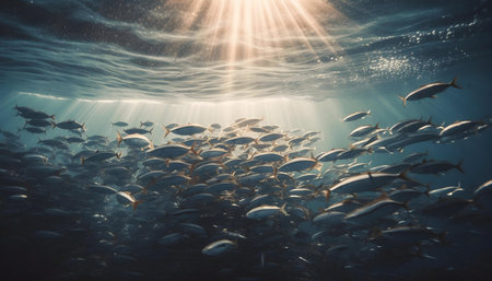 A breathtaking underwater scene of a massive school of fish illuminated by sunbeams.の写真素材