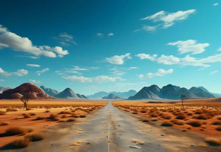 A long road cuts through a vast desert landscape, under a bright blue sky. Mountains rising in the distance.の写真素材