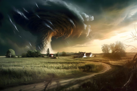 A powerful tornado approaches a rural landscape, threatening farmhouses. Dramatic sunset.の写真素材