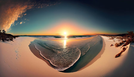 Stunning sunset over a pristine beach. Warm colors and calm waves.
