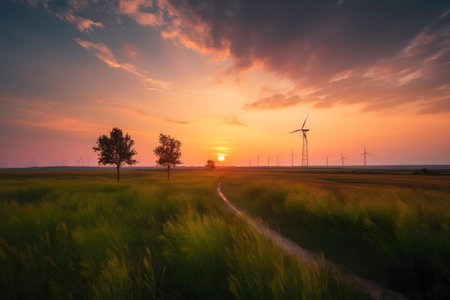 Serene sunset over a wind farm in a vast field. Peaceful landscape.の写真素材