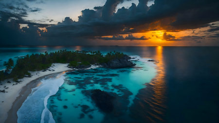 Stunning sunset over a tropical island. Azure waters, white sand beachesの写真素材