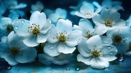 Close-up of delicate, blue-toned flowers with water droplets.の写真素材