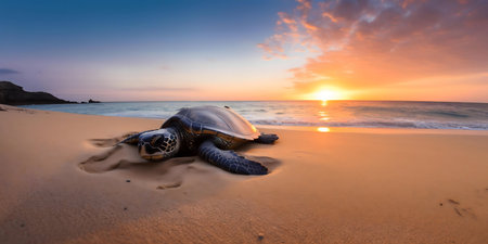 A green sea turtle rests peacefully on a sandy beach during a vibrant sunset. Tropical paradise.の写真素材