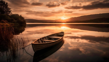A wooden rowboat rests peacefully on a still lake at sunset, reflecting the colors of the sky and mountains.の写真素材
