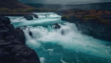 Stunning teal waterfall cascading down rocky terrain in Iceland.の写真素材