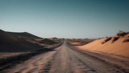 A long road cuts through golden desert dunes under a clear sky. Adventure awaits!の写真素材