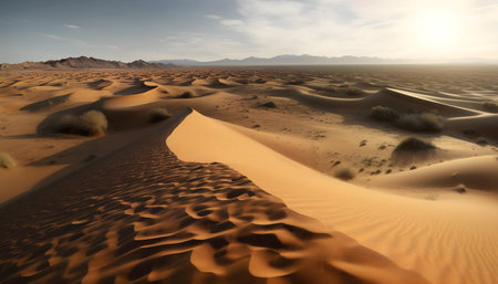 Stunning sunrise over endless golden sand dunes. Breathtaking desert landscape.の写真素材