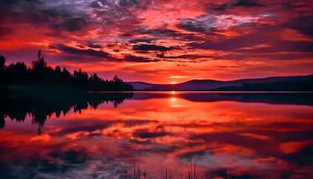 Stunning sunset reflecting on a calm lake. Red sky, tranquil scene.の写真素材