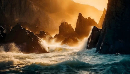 Waves crash on rocky cliffs at sunset. Dramatic scene.
