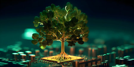 A glowing tree sprouts from a circuit board. Symbolizes technological advancement, sustainability.の写真素材