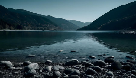 Peaceful mountain lake scene at dusk. Rocks, calm water, stunning view.の写真素材