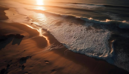 Stunning aerial shot of waves meeting sandy beach at sunset. Golden light bathes scene.の写真素材