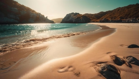Stunning beach scene with golden sand, clear turquoise water, and dramatic cliffs. Peaceful and serene atmosphere.の写真素材