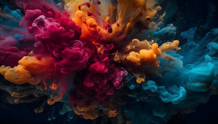 A vibrant and dynamic image showing an explosion of colorful ink. Crimson, teal, and amber hues...