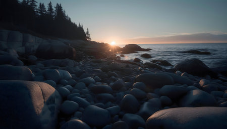 Peaceful sunrise over a rocky coast. Golden light illuminates the scene.の写真素材