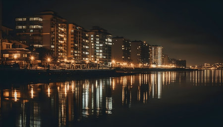 Night view of city buildings reflecting on a calm body of water.の写真素材