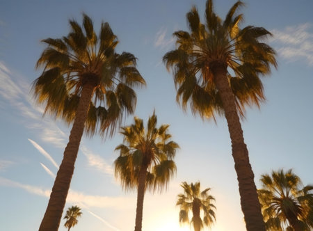 Palm trees silhouetted against a vibrant sunset sky. A captivating image of tropical beauty.の写真素材