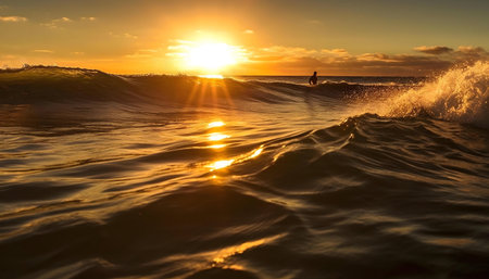Surfer at sunset, golden hour light on the waves