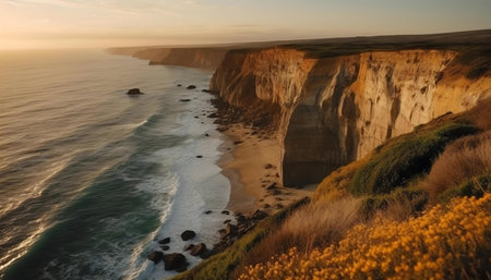 Stunning sunset view of dramatic coastal cliffs and ocean waves. Serene, calm atmosphere.の写真素材
