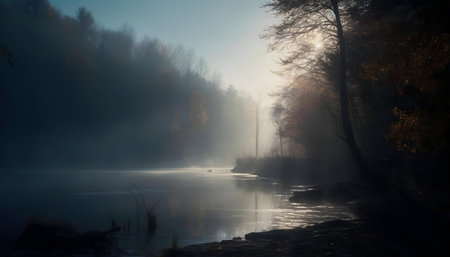 A tranquil autumn morning scene. Mist hangs over the river, sunlight filters through the trees....