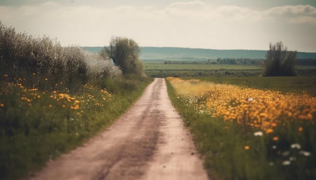 A dirt road winds through a vibrant field of wildflowers, creating a tranquil and picturesque scene.の写真素材