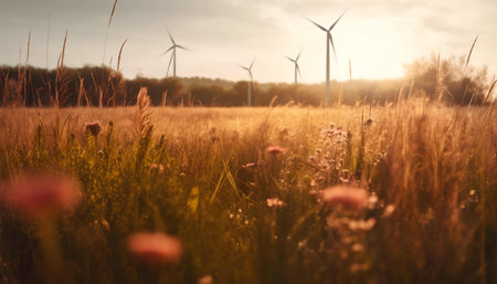 Windmills in a sunlit field of wildflowers.の写真素材