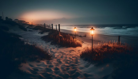 A serene coastal path at night, illuminated by lamps.の写真素材